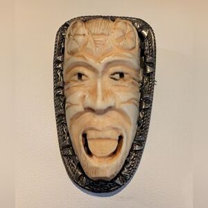 Beautiful Unusual Carved Bone In Silver Netsuke Hannya Oni Mask Brooch Pin RARE!